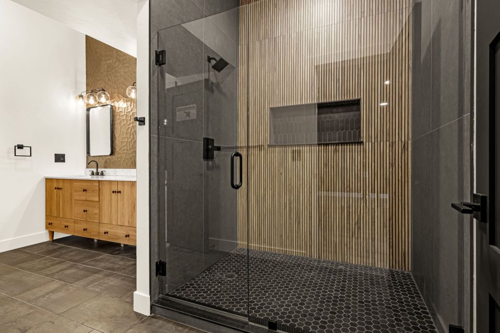 Bathroom with walk in shower in the Modern Warehouse